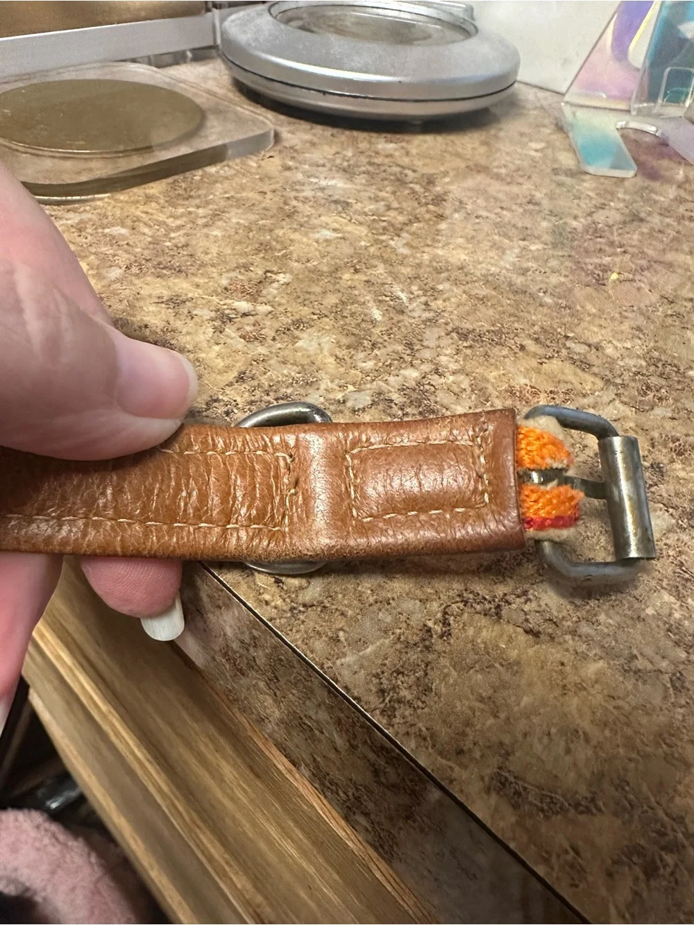Embroidered Leather Dog Collar with Orange & Red Hearts